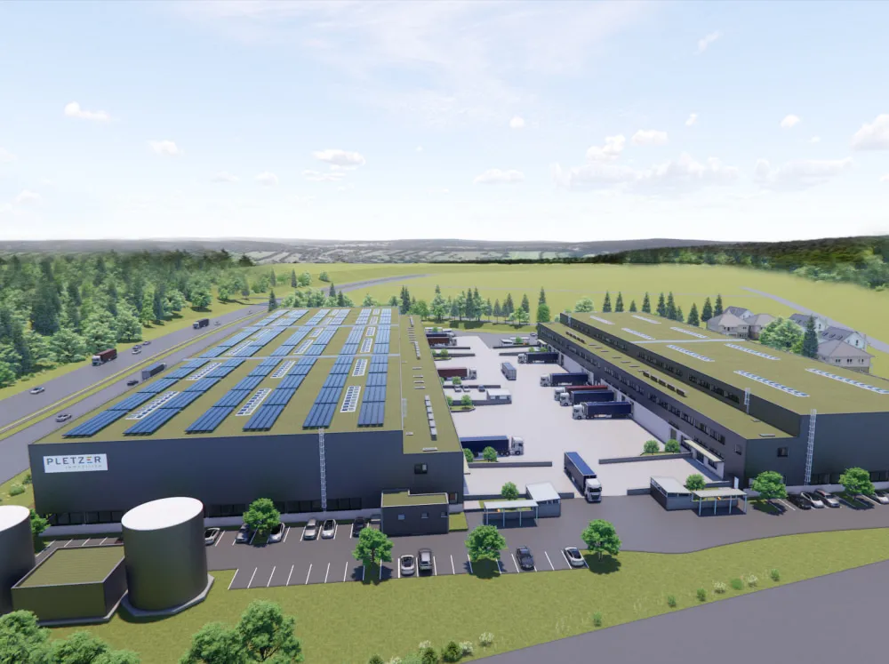 Geplanter Firmenstandort von Pletzer Immobilien in Peggau nördlich von Graz mit großem Gewerbepark und Solardach, Vertriebsstart Juli 2025.